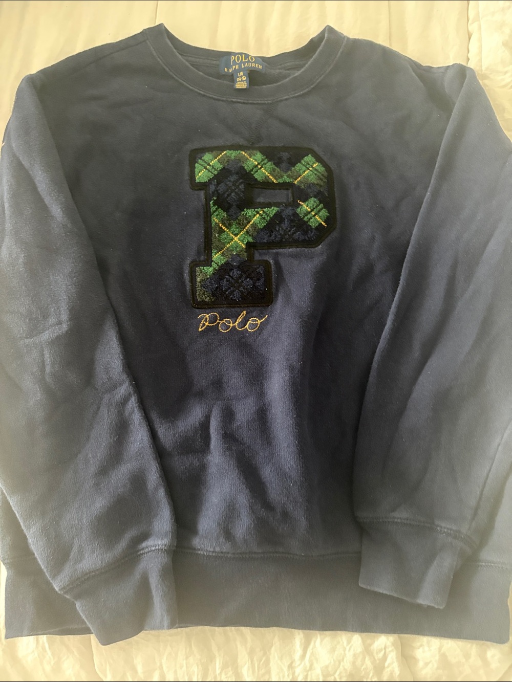 Polo by Ralph Lauren Navy Crewneck Sweater with Green Plaid 'P' Patch